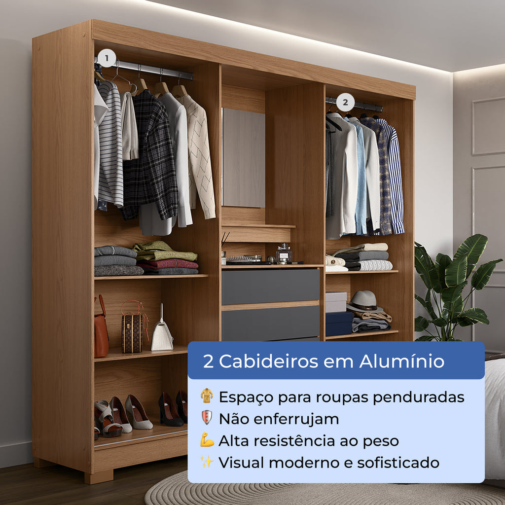Guarda-Roupa Casal com Espelho 2 Portas de Correr 4 Gavetas Ítalo
