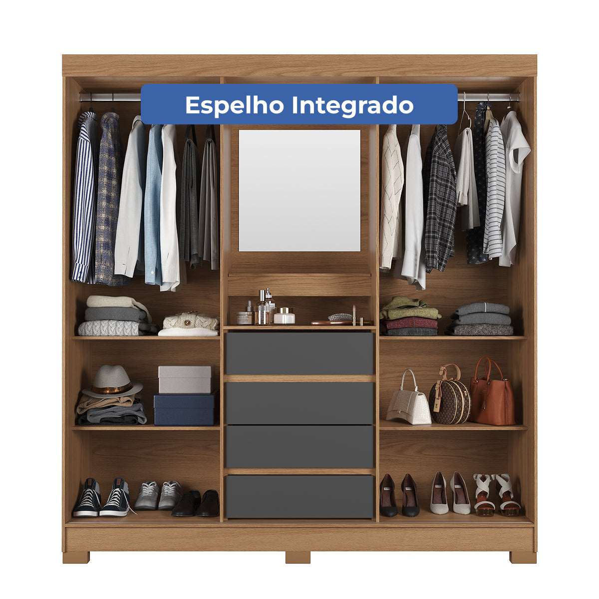 Guarda-Roupa Casal com Espelho 2 Portas de Correr 4 Gavetas Ítalo