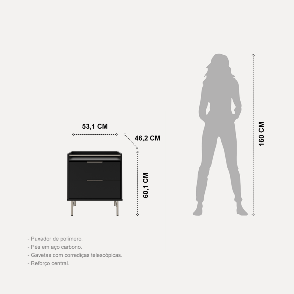 Mesa de Cabeceira 2 Gavetas com LED Yves