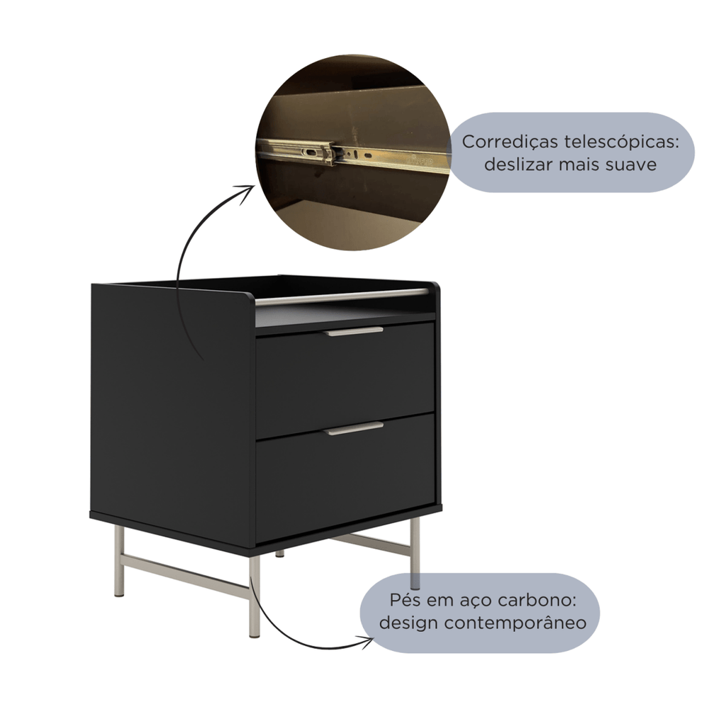 Mesa de Cabeceira 2 Gavetas com LED Yves