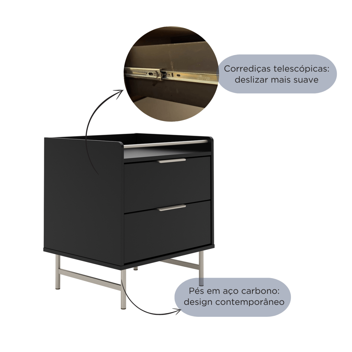 Mesa de Cabeceira 2 Gavetas com LED Yves