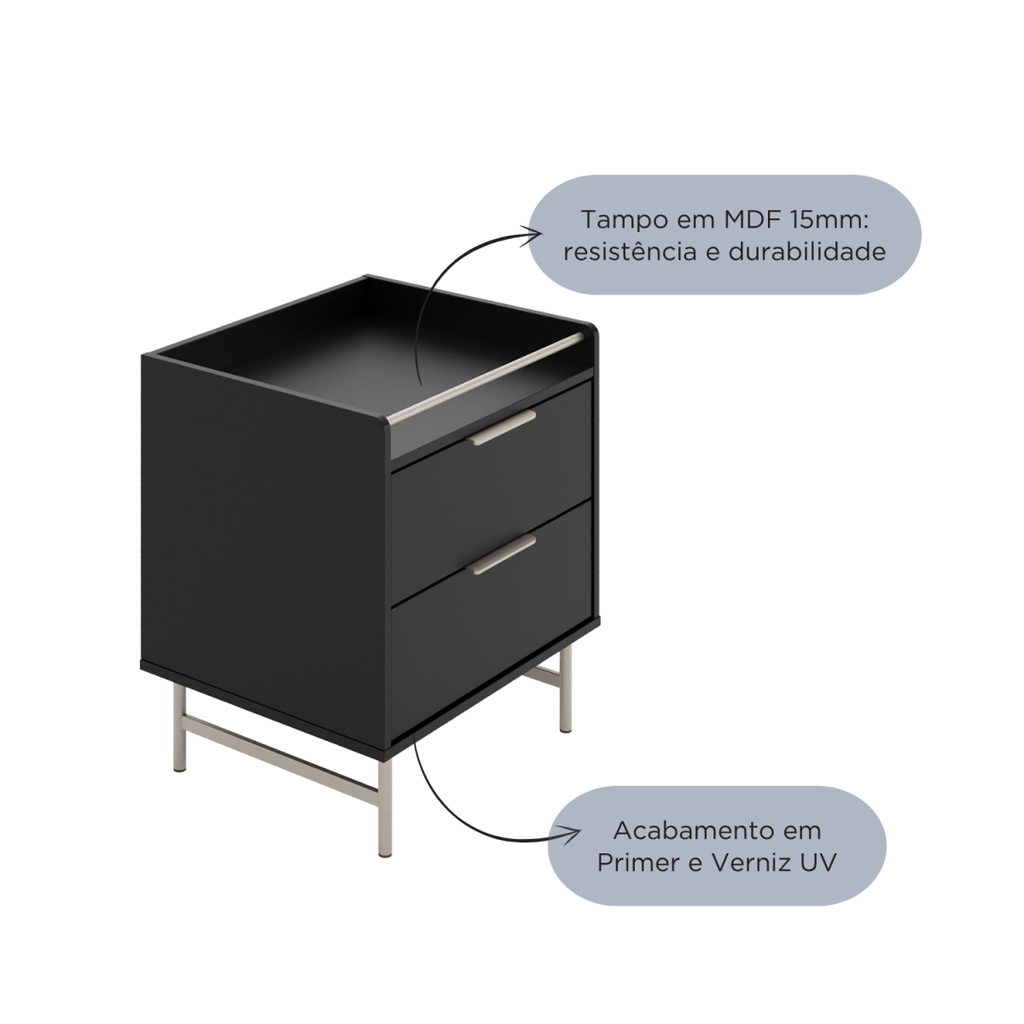 Mesa de Cabeceira 2 Gavetas com LED Yves