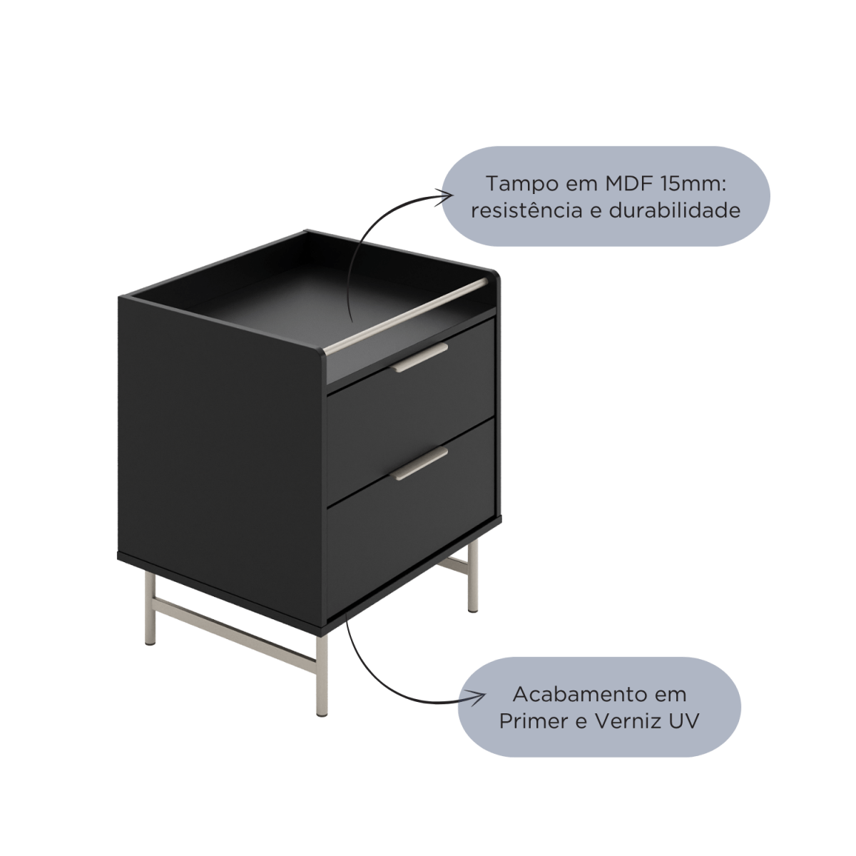Mesa de Cabeceira 2 Gavetas com LED Yves