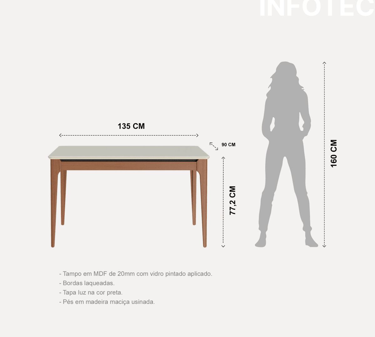 Mesa de Jantar Retangular com Vidro para 4 Lugares Addar 135 cm Natural com Off-White Fosco