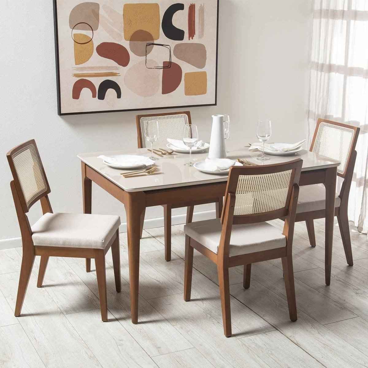 Mesa de Jantar Retangular com Vidro para 4 Lugares Addar 135 cm Natural com Off-White Fosco