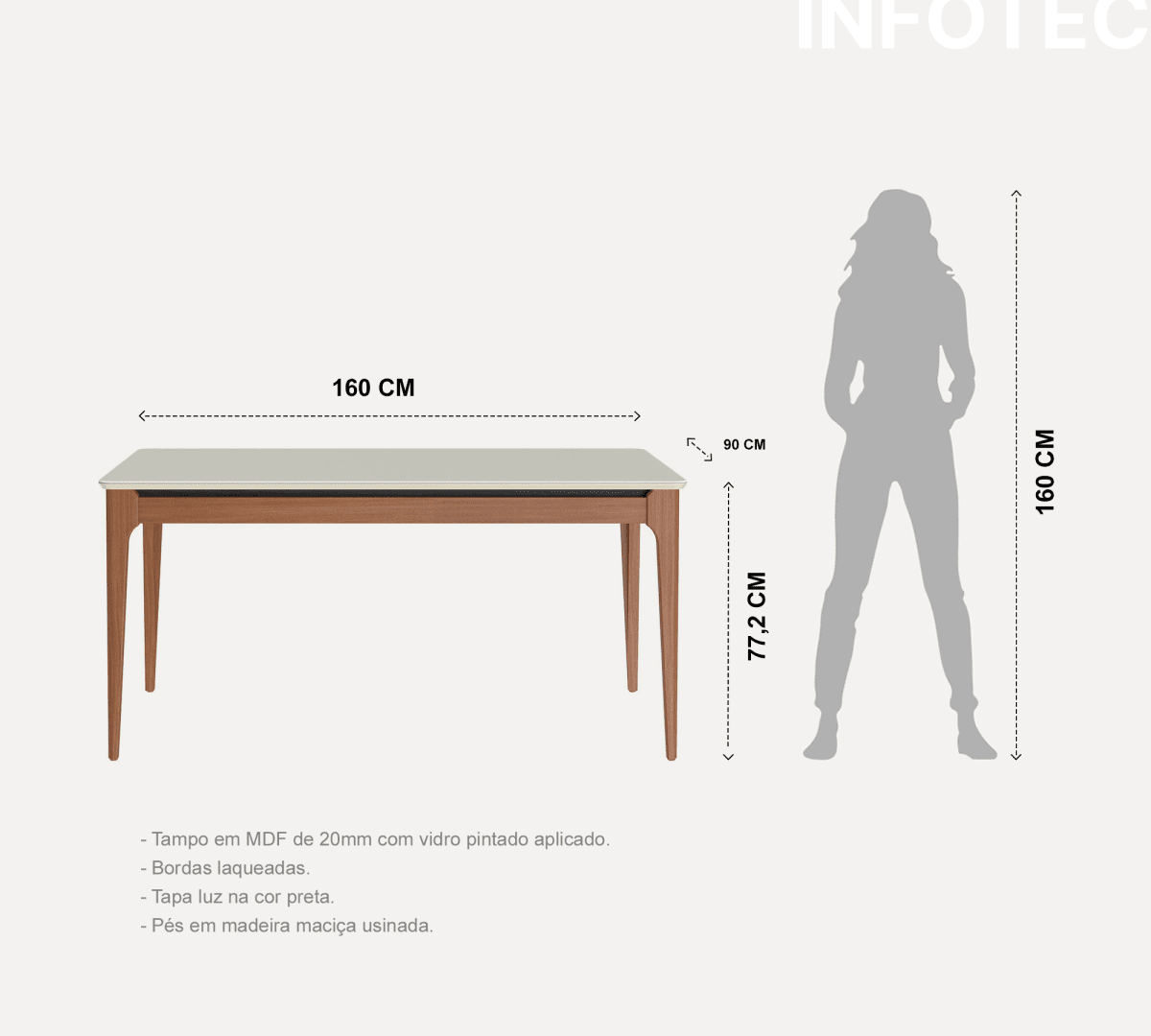 Mesa de Jantar Retangular com Vidro para 6 Lugares Addar 160 cm Natural com Off-White Fosco