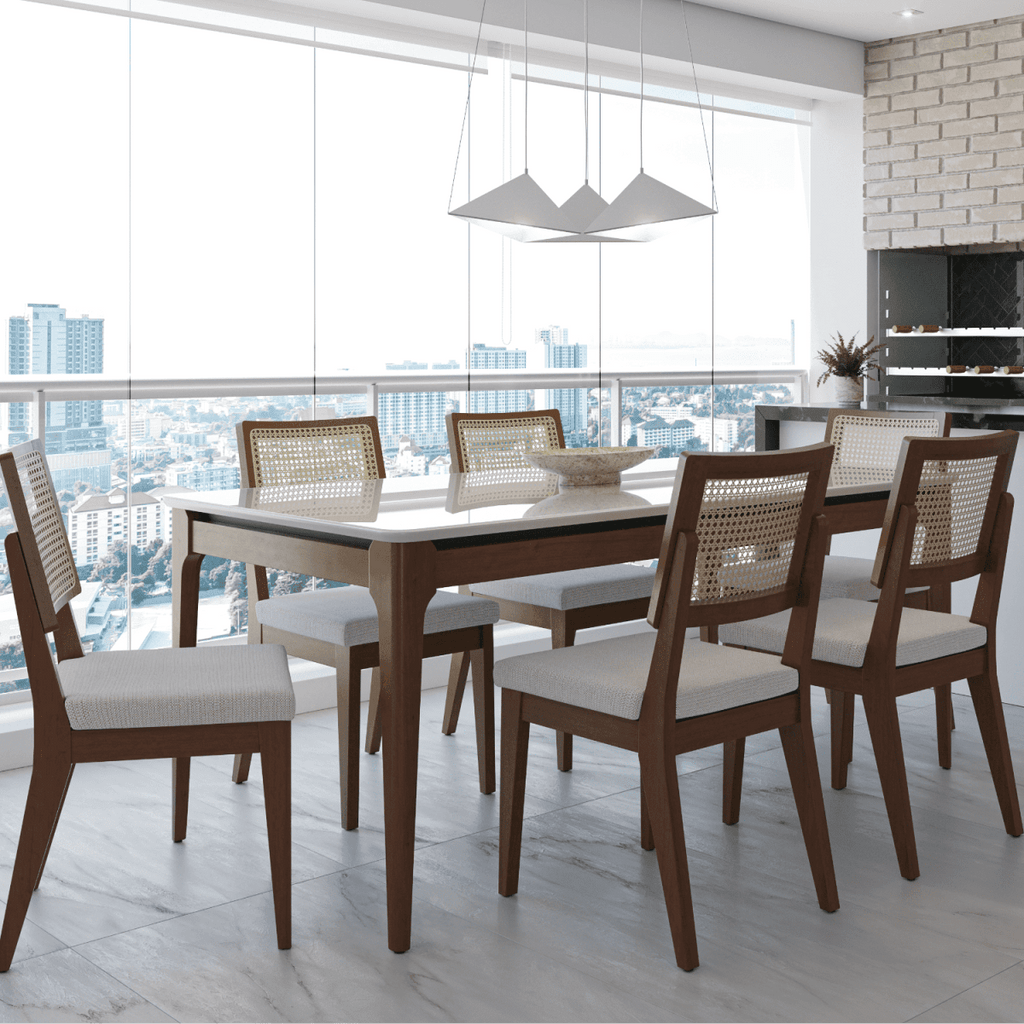 Mesa de Jantar Retangular com Vidro para 6 Lugares Addar 180 cm Natural com Off-White Fosco