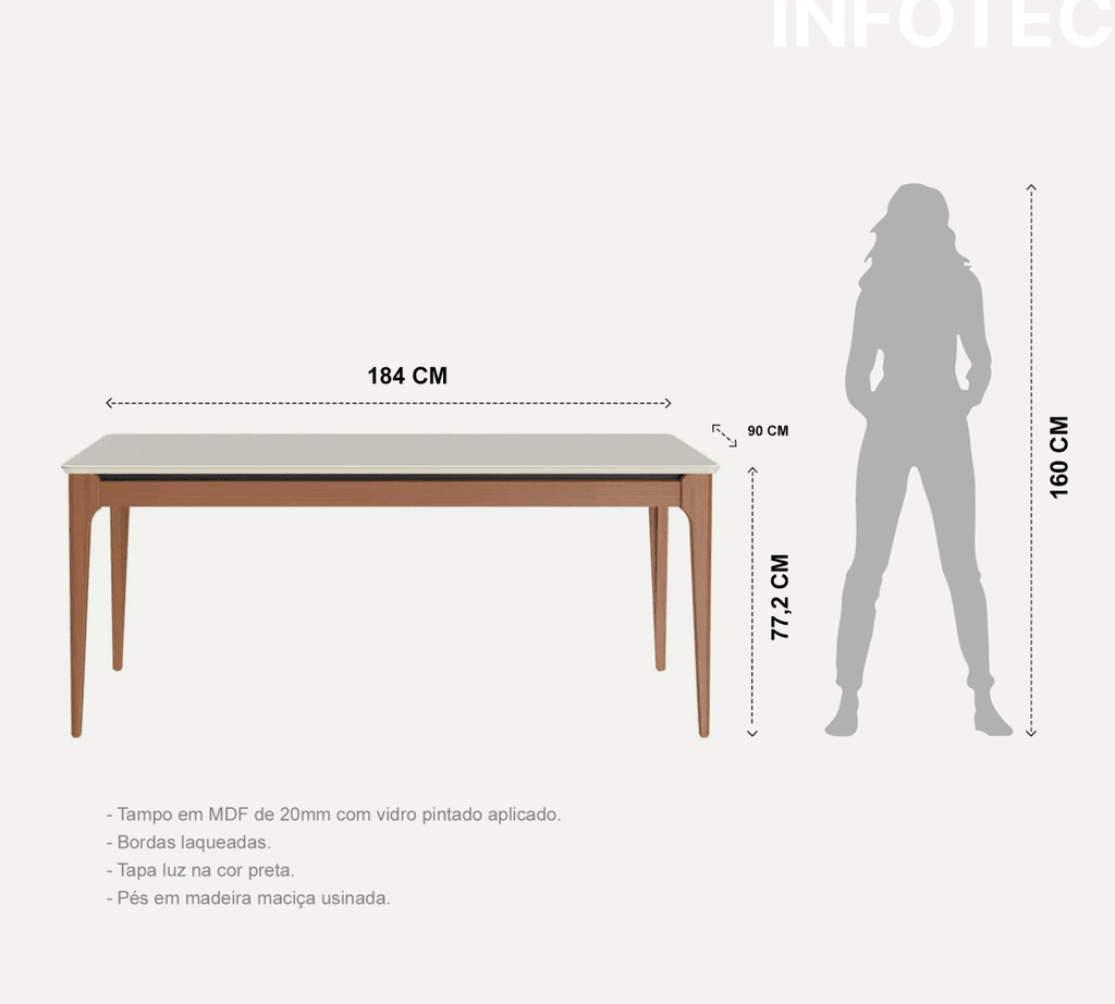 Mesa de Jantar Retangular com Vidro para 6 Lugares Addar 180 cm Natural com Off-White Fosco
