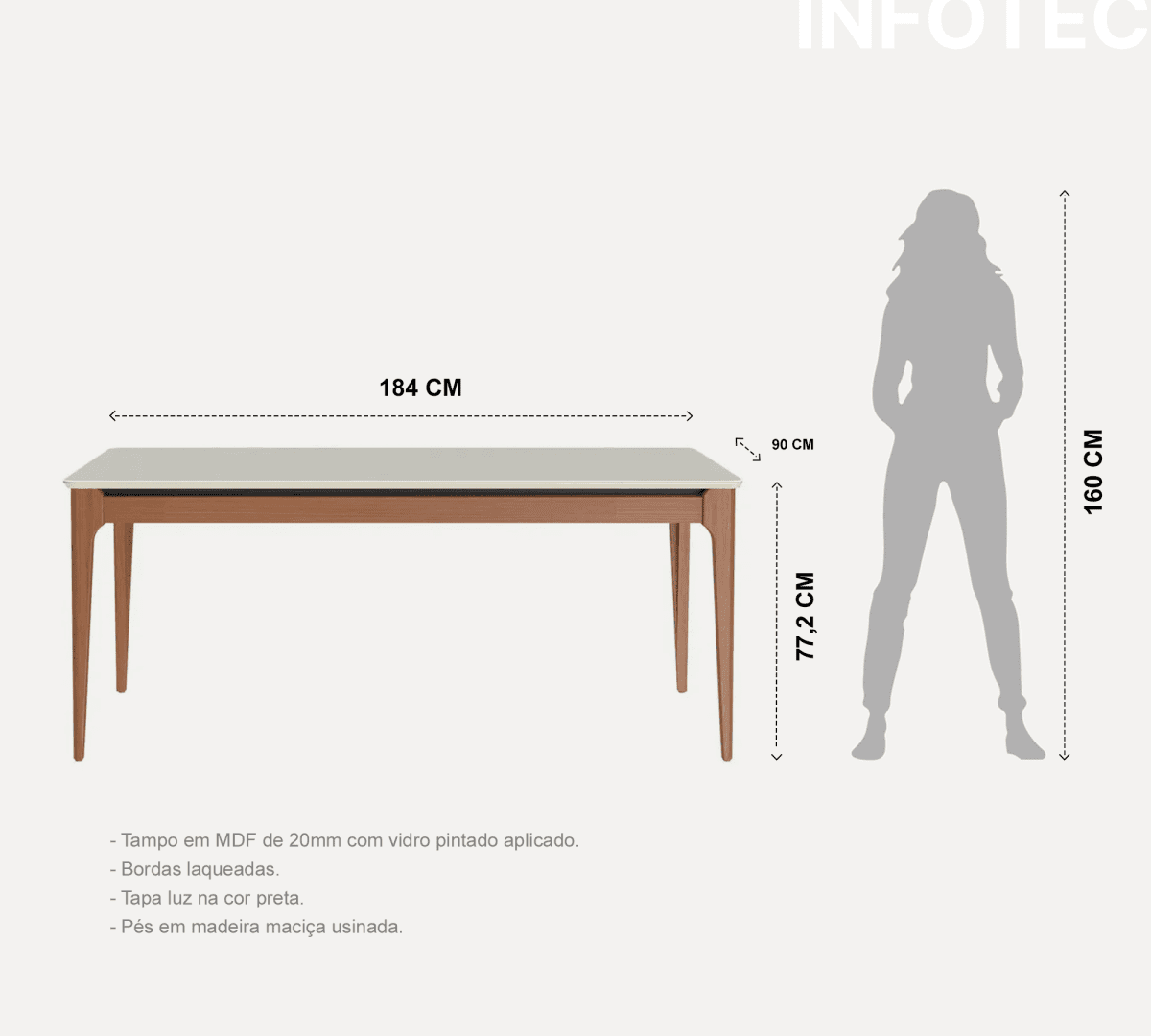 Mesa de Jantar Retangular com Vidro para 6 Lugares Addar 180 cm Natural com Off-White Fosco