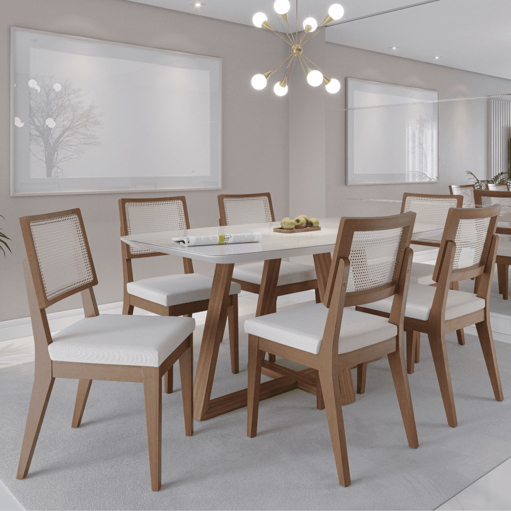Mesa de Jantar Retangular com Vidro para 6 Lugares Bennett 160cm Natural com Off-White Gloss