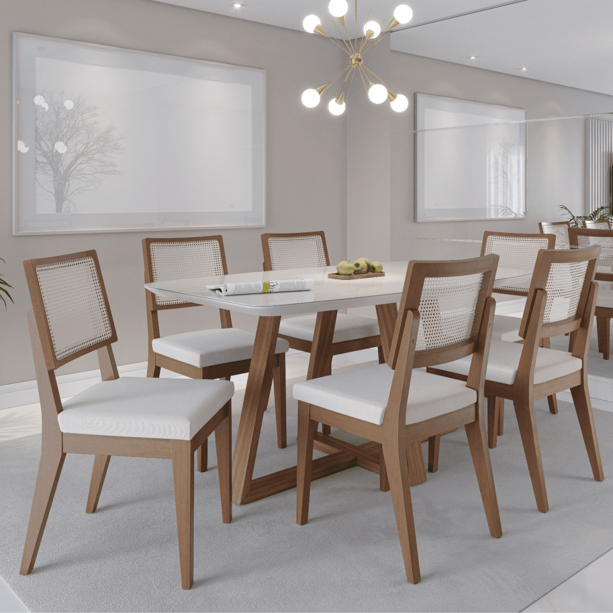 Mesa de Jantar Retangular com Vidro para 6 Lugares Bennett 160cm Natural com Off-White Gloss