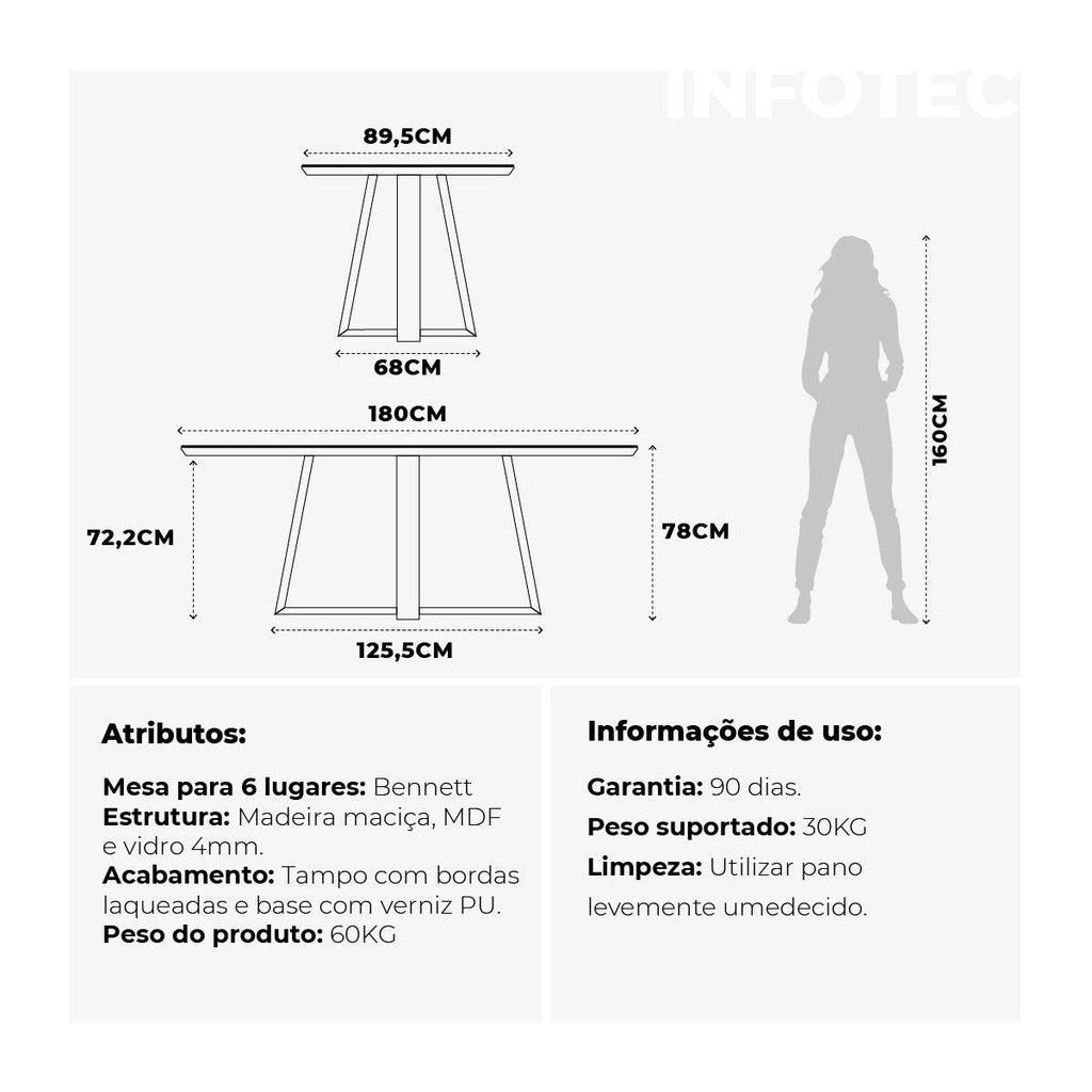 Mesa de Jantar Retangular com Vidro para 6 Lugares Bennett 180cm Natural com Off-White Gloss