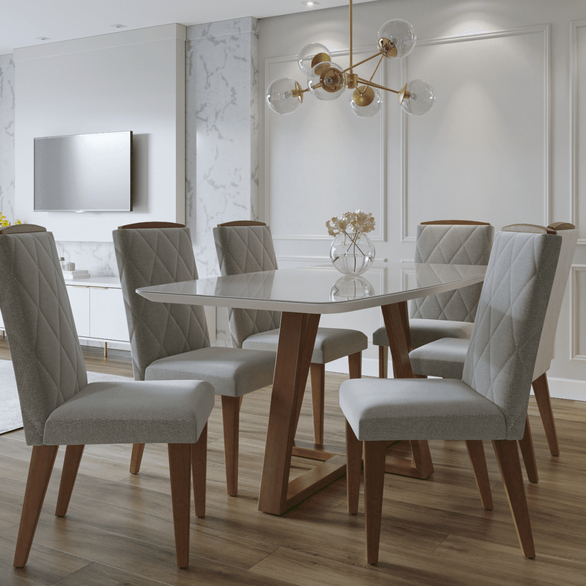 Mesa de Jantar Retangular com Vidro para 6 Lugares Bennett 180cm Natural com Off-White Gloss