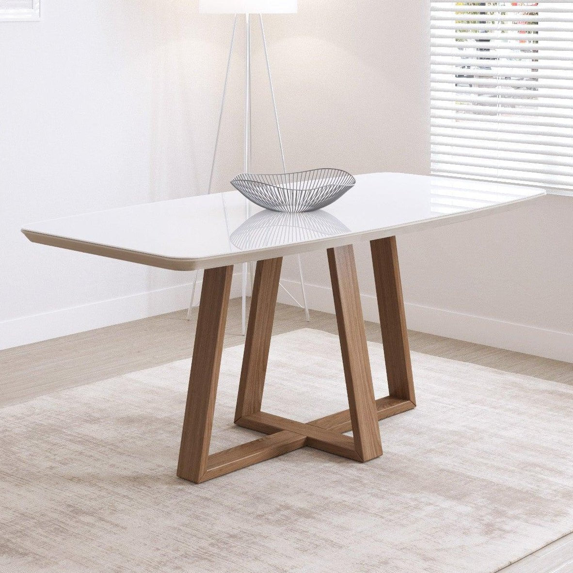 Mesa de Jantar Retangular com Vidro para 6 Lugares Bennett 180cm Natural com Off-White Gloss