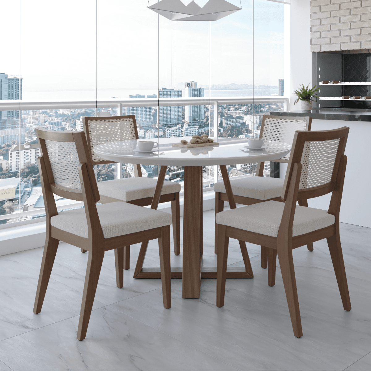 Mesa de Jantar Redonda com Vidro para 4 Lugares Bennett 115cm Natural com Off-White Gloss