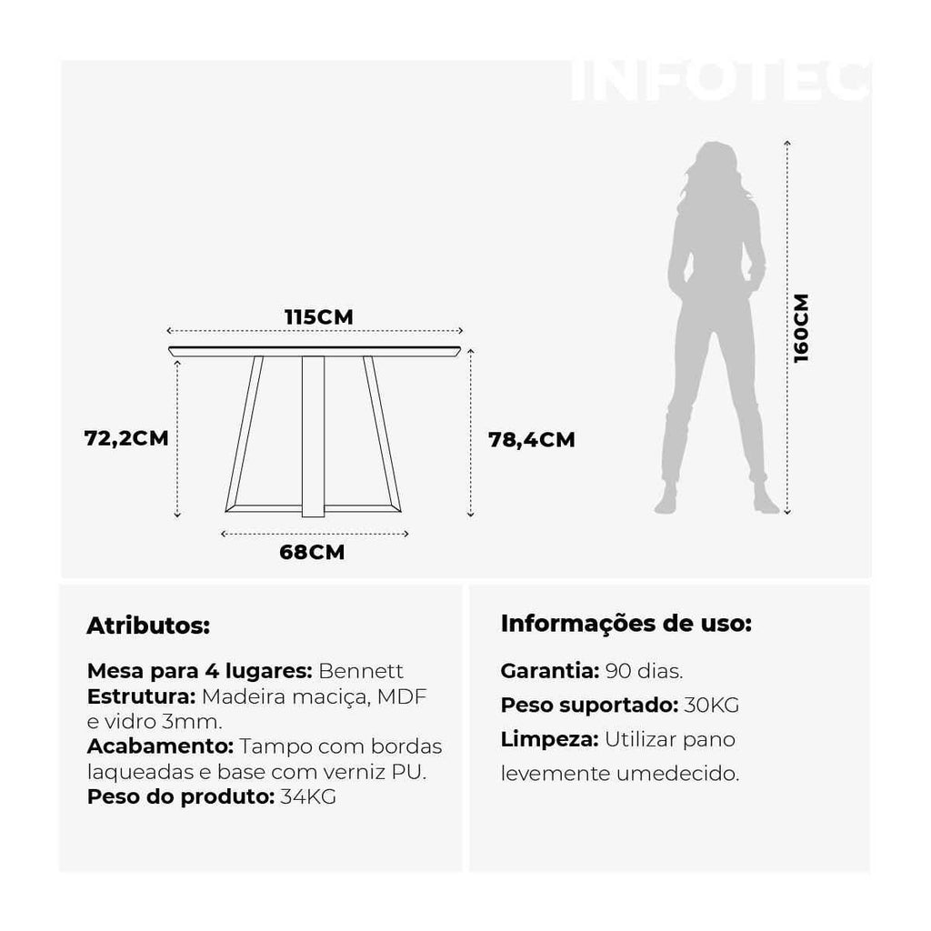 Mesa de Jantar Redonda com Vidro para 4 Lugares Bennett 115cm Natural com Off-White Gloss