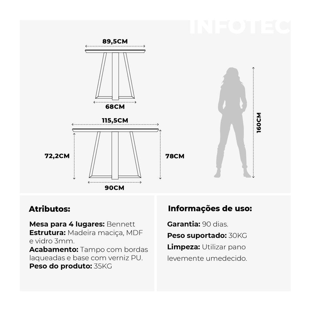Conjunto de Jantar Mesa Retangular com Vidro Bennett 4 Cadeiras Saga