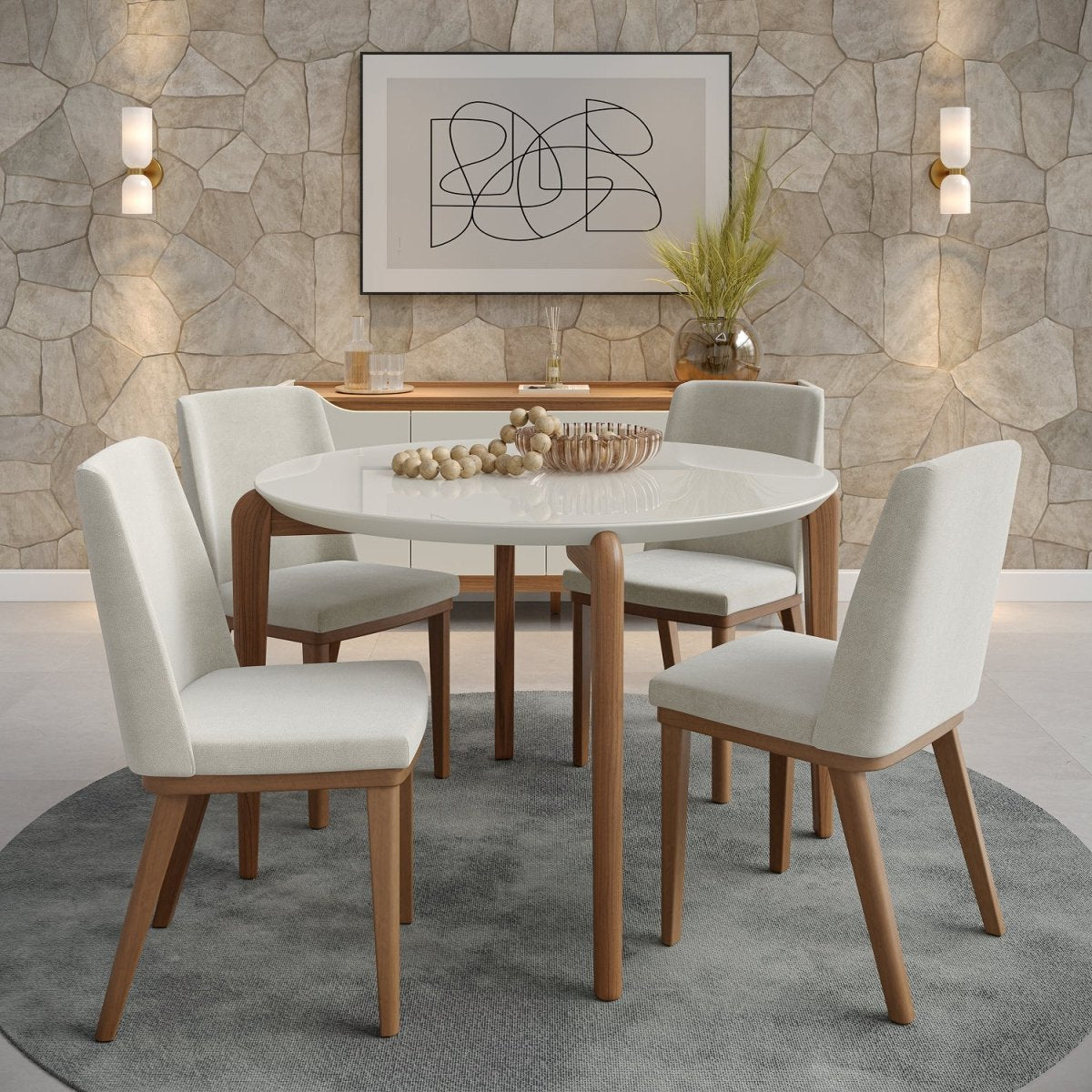Mesa de Jantar Redonda com Vidro para 4 Lugares Donatella 115cm Off-White Fosco com Natural