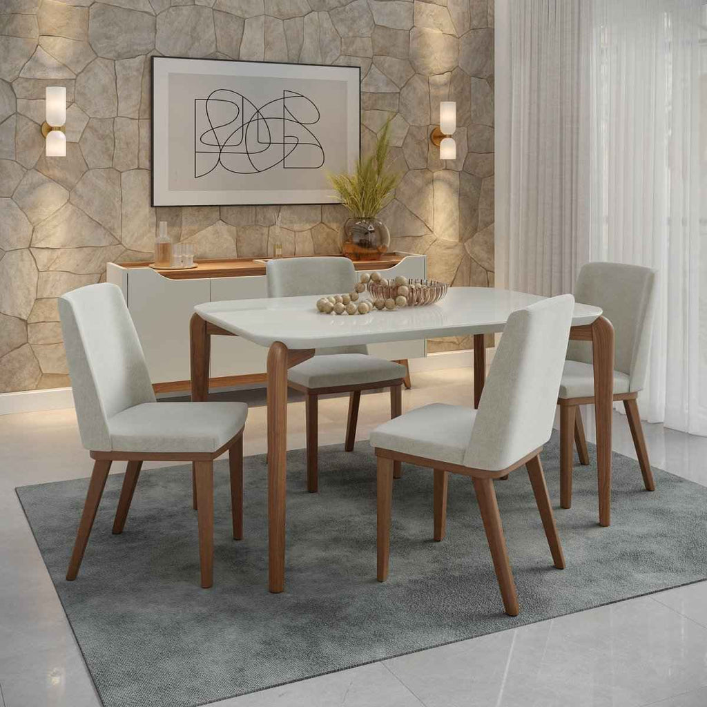 Mesa de Jantar Retangular com Vidro para 4 Lugares Donatella 135cm Off-White Fosco com Natural