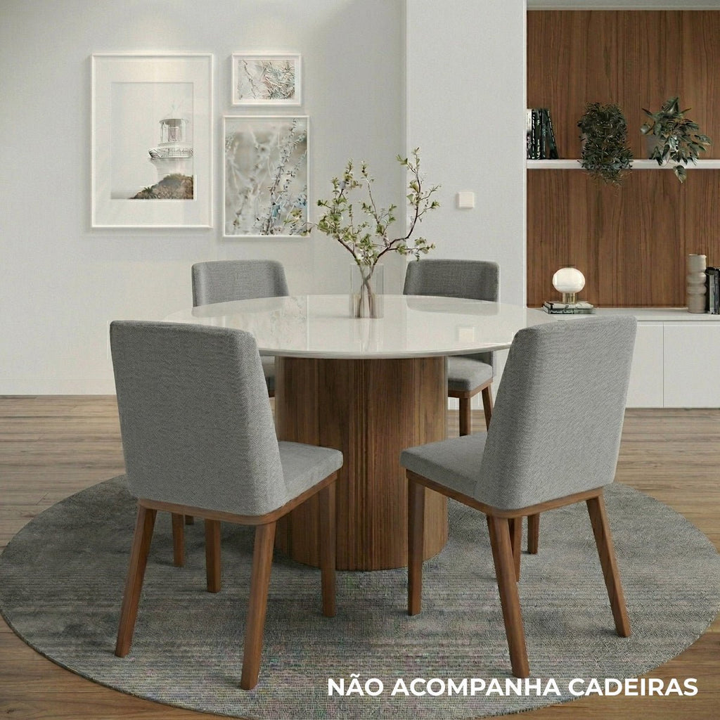 Mesa de Jantar Redonda com Vidro para 6 Lugares Kalina 135cm Off-White Fosco com Canella