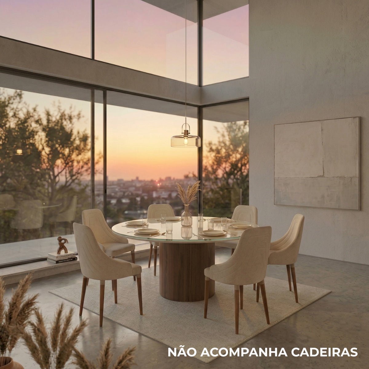 Mesa de Jantar Redonda com Vidro para 6 Lugares Kalina 135cm Off-White Fosco com Canella