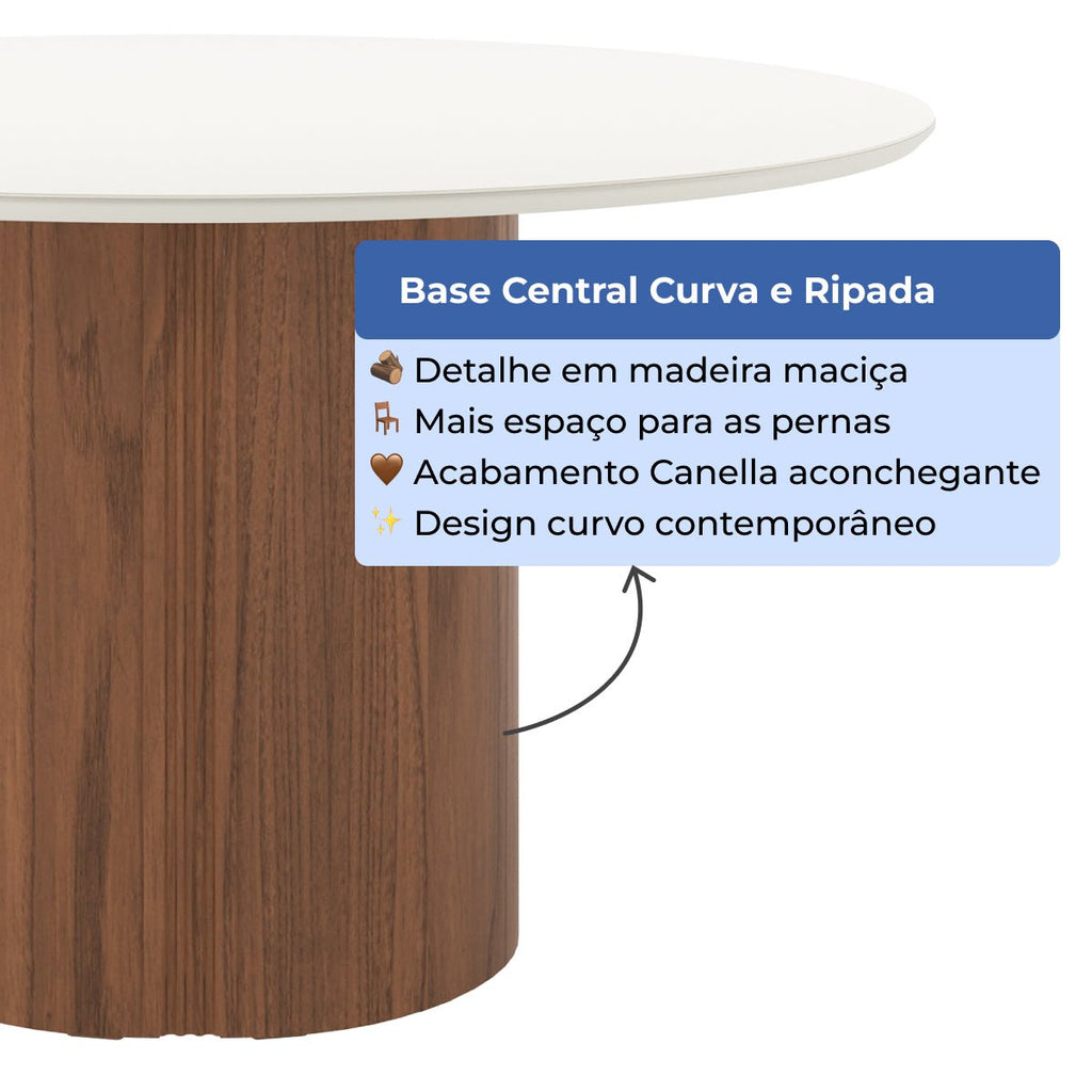 Mesa de Jantar Redonda com Vidro para 6 Lugares Kalina 135cm Off-White Fosco com Canella