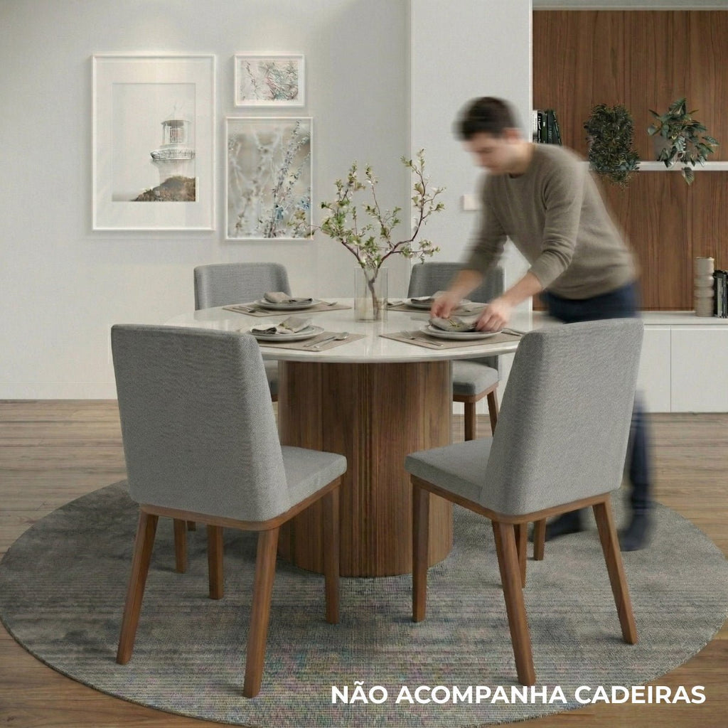 Mesa de Jantar Redonda com Vidro para 6 Lugares Kalina 135cm Off-White Fosco com Canella