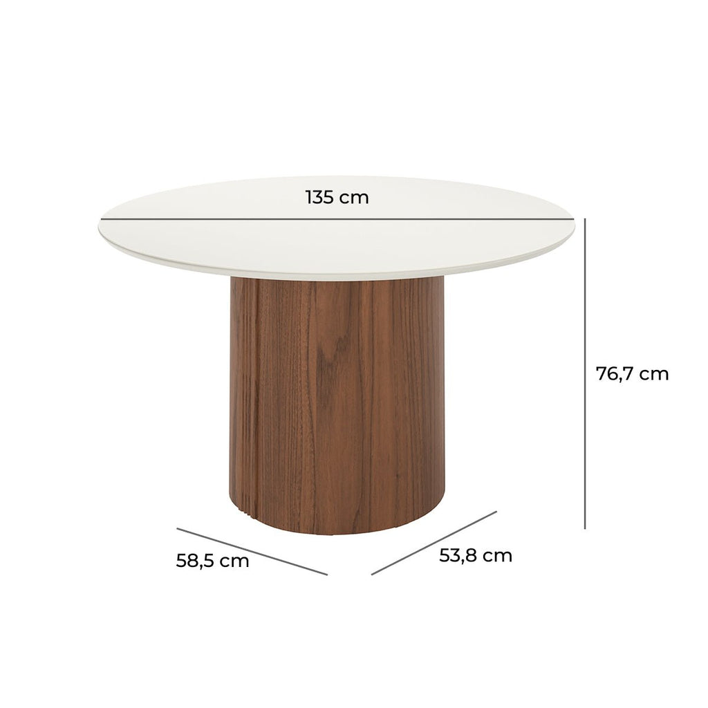 Mesa de Jantar Redonda com Vidro para 6 Lugares Kalina 135cm Off-White Fosco com Canella