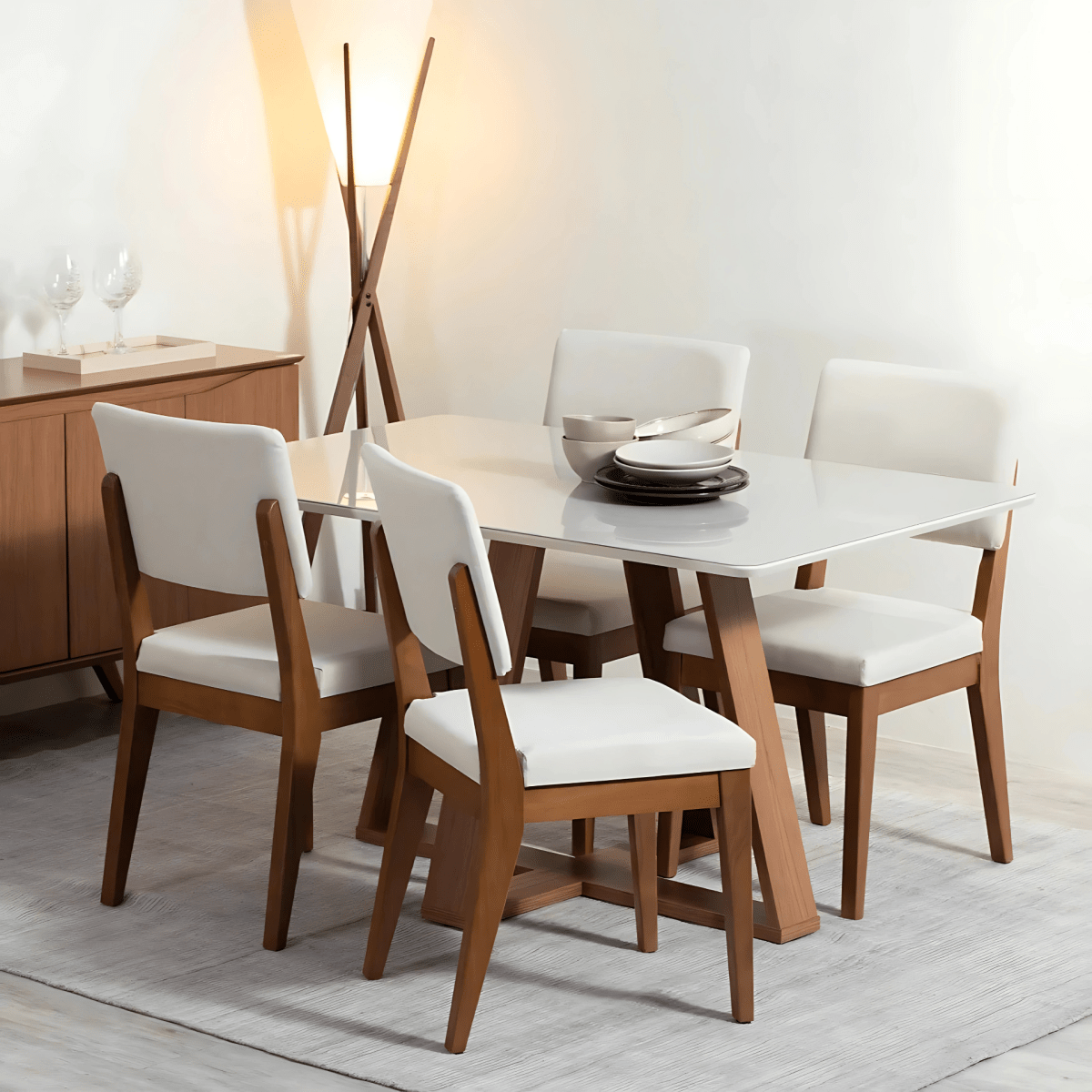 Mesa de Jantar Retangular com Vidro para 4 Lugares Avena 135cm Canella com Off-White Fosco