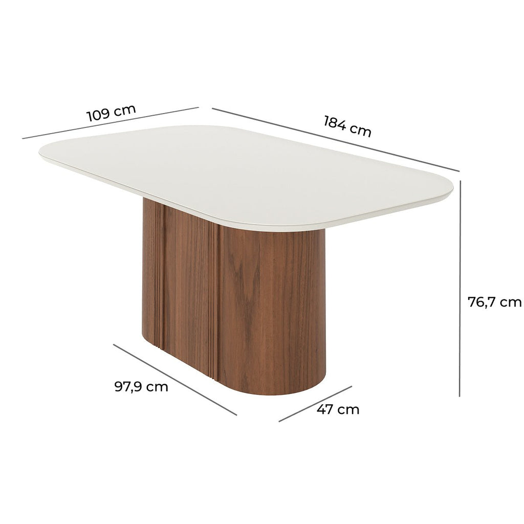Mesa de Jantar Retangular com Vidro para 6 Lugares Kalina 184cm Off-White Fosco com Canella