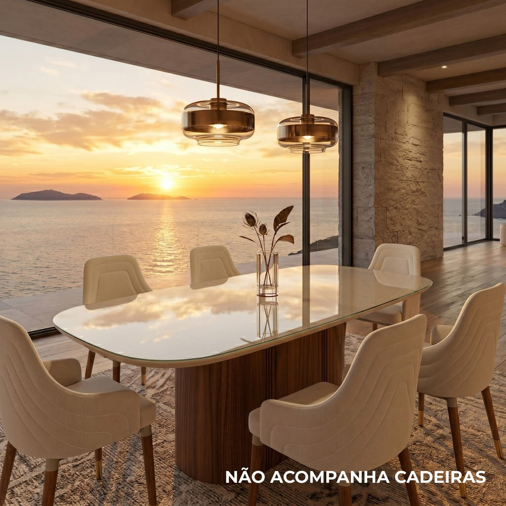 Mesa de Jantar Retangular com Vidro para 6 Lugares Kalina 184cm Off-White Fosco com Canella