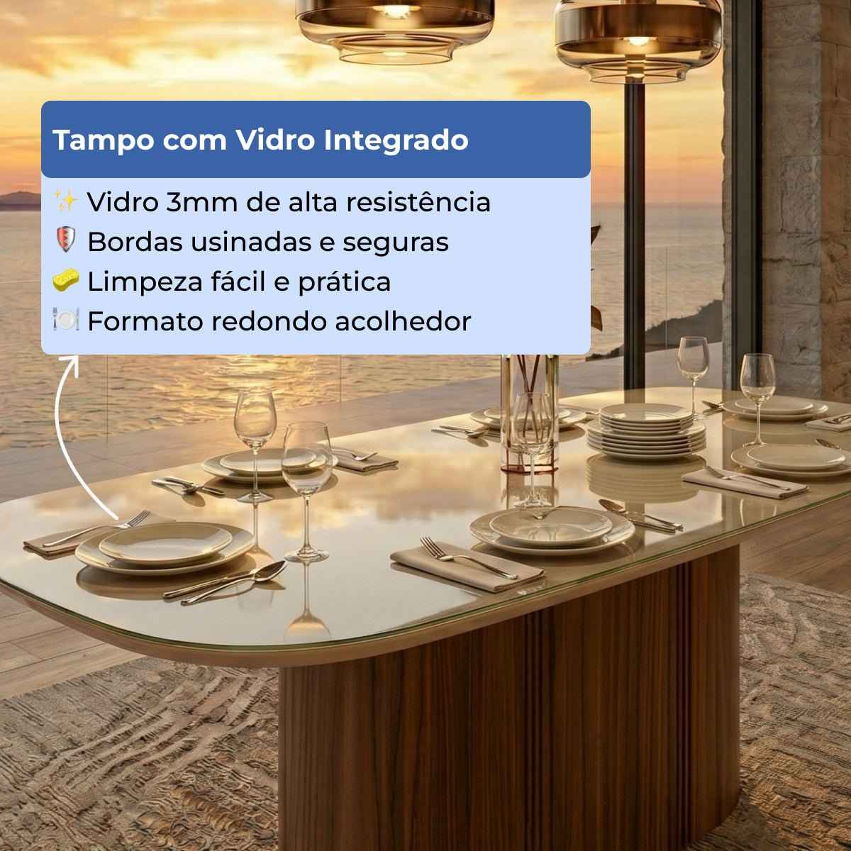 Mesa de Jantar Retangular com Vidro para 6 Lugares Kalina 184cm Off-White Fosco com Canella
