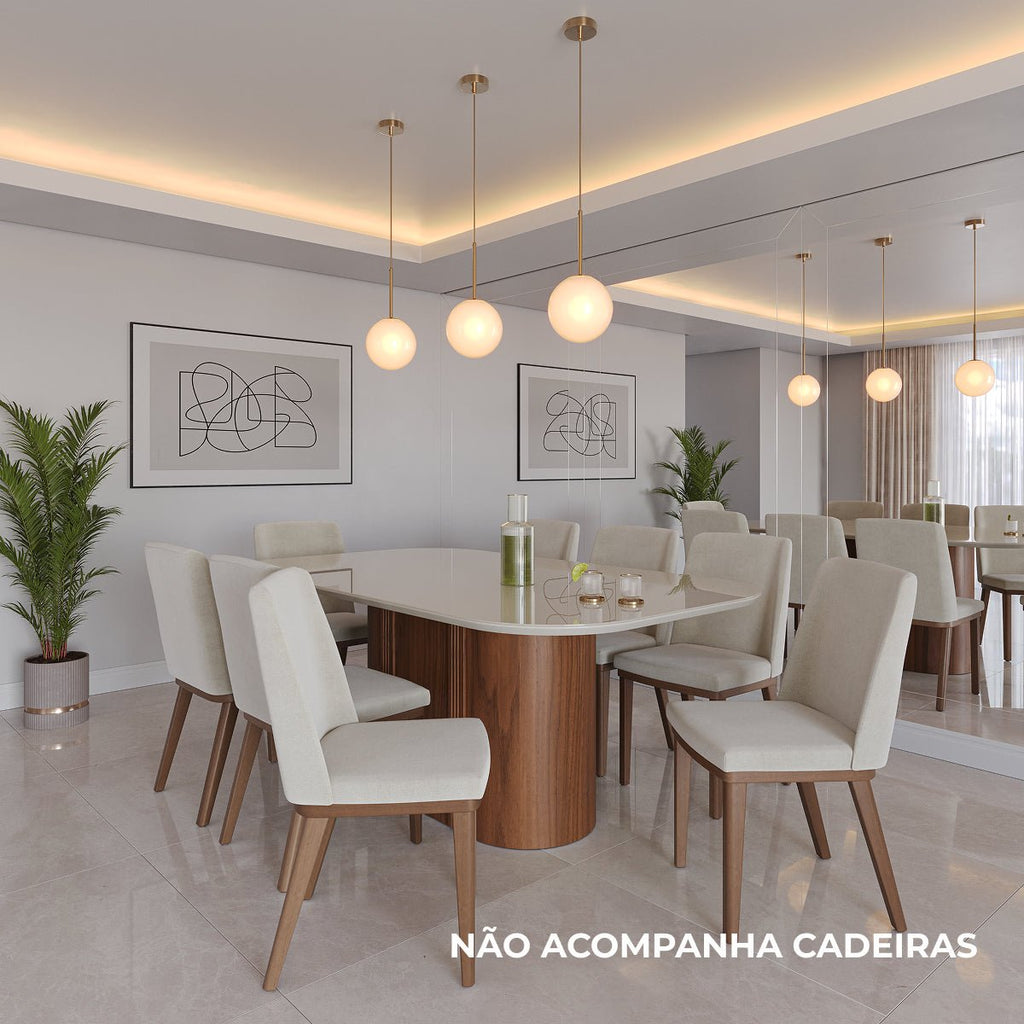 Mesa de Jantar Retangular com Vidro para 6 Lugares Kalina 184cm Off-White Fosco com Canella