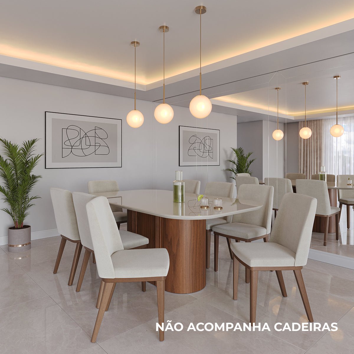 Mesa de Jantar Retangular com Vidro para 6 Lugares Kalina 184cm Off-White Fosco com Canella