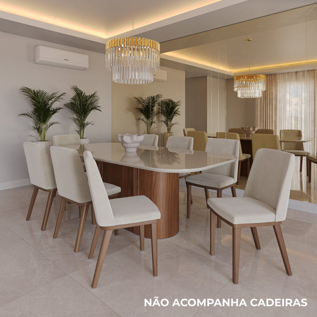 Mesa de Jantar Retangular com Vidro para 8 Lugares Kalina 220cm Off-White Fosco com Canella