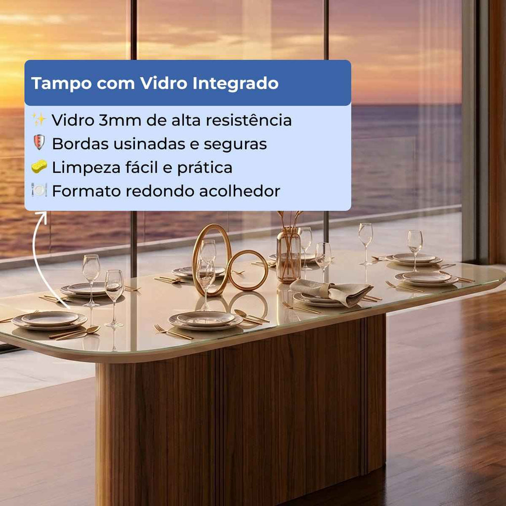 Conjunto de Jantar Mesa Retangular com Vidro com 8 Cadeiras Kalina
