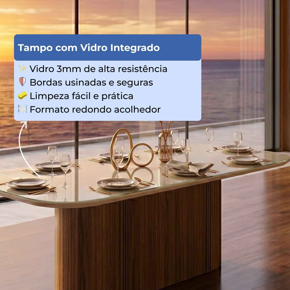 Conjunto de Jantar Mesa Retangular com Vidro com 8 Cadeiras Kalina