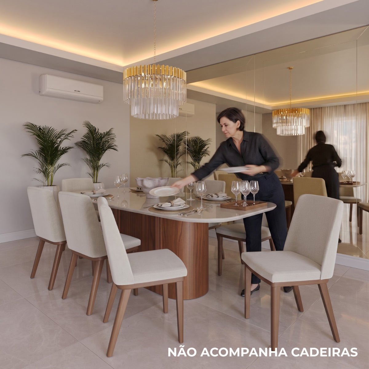 Mesa de Jantar Retangular com Vidro para 8 Lugares Kalina 220cm Off-White Fosco com Canella