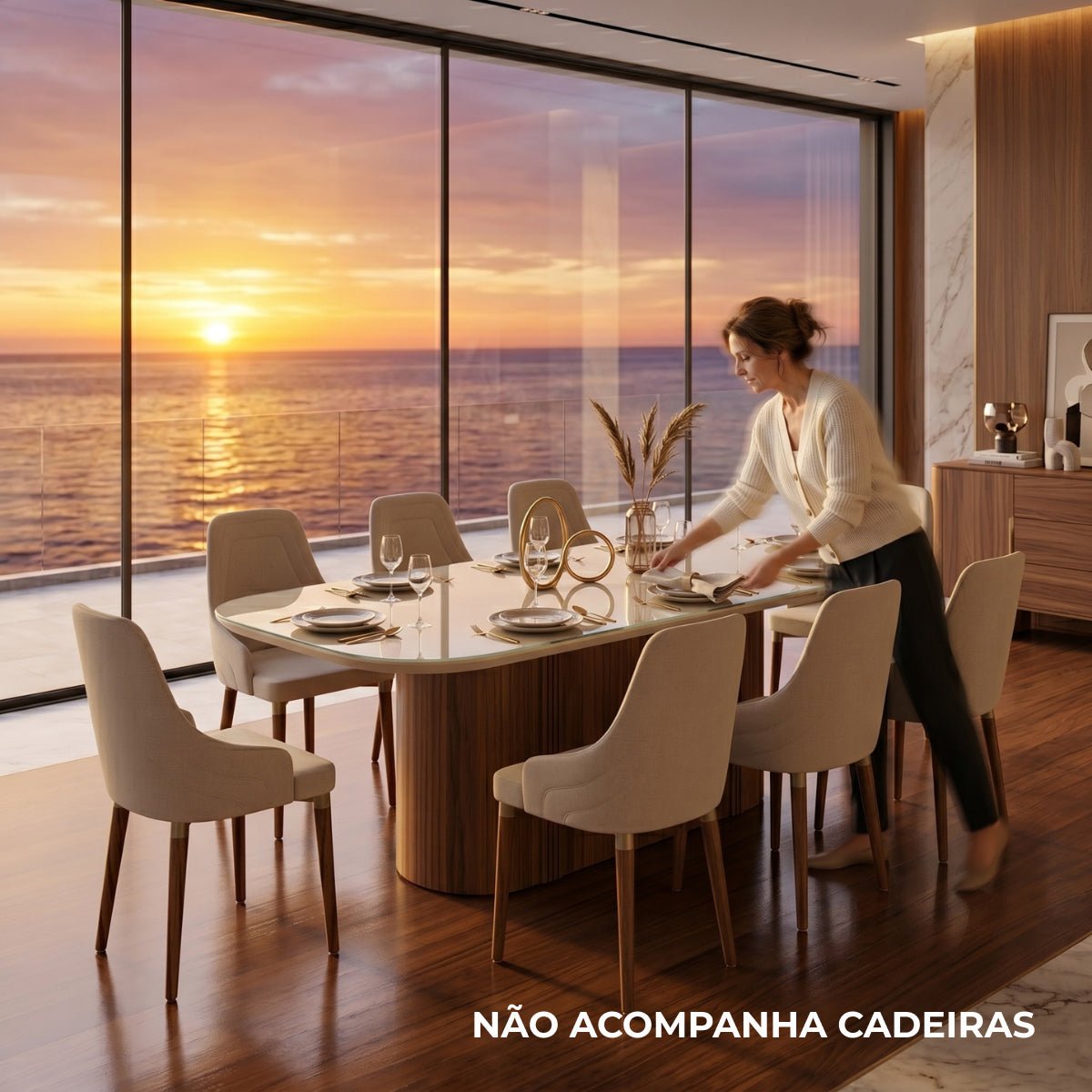 Mesa de Jantar Retangular com Vidro para 8 Lugares Kalina 220cm Off-White Fosco com Canella