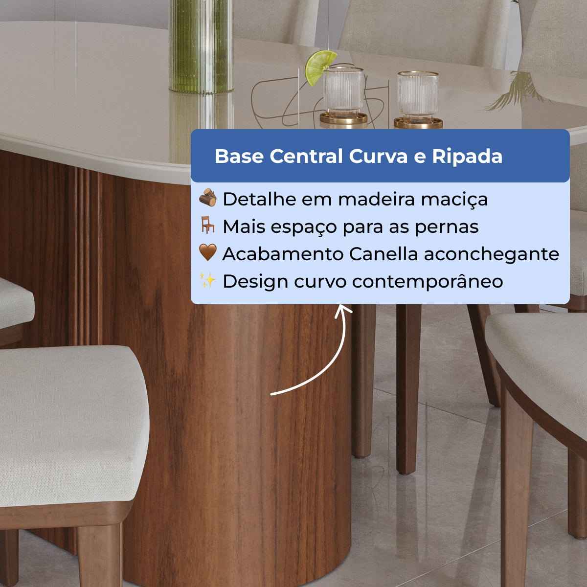 Mesa de Jantar Retangular com Vidro para 8 Lugares Kalina 220cm Off-White Fosco com Canella