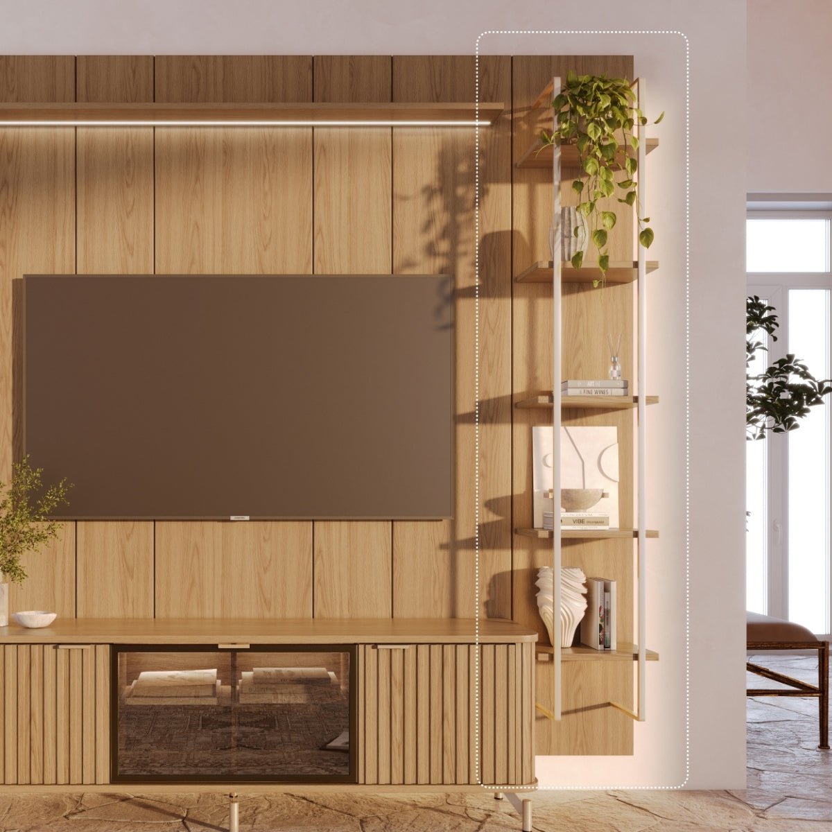 Estante para TV até 75 Polegadas com Prateleiras e Cristaleira Vidro Reflecta 100% MDF com Led Lincoln Float 254cm