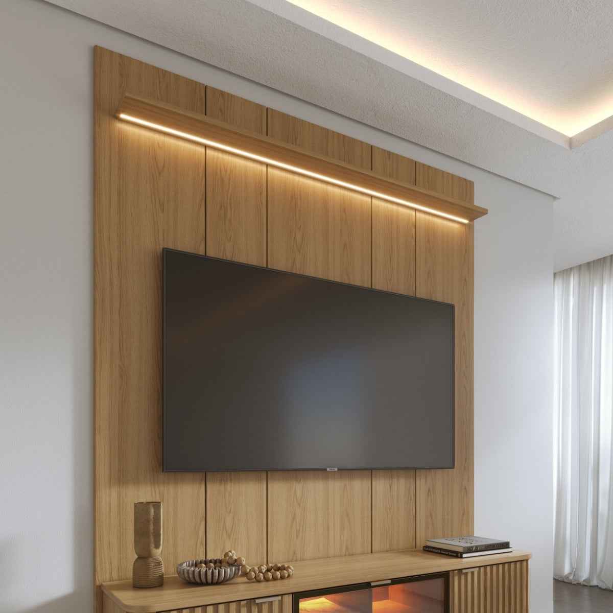 Rack com Painel para TV até 75 Polegadas Vidro Reflecta 100% MDF com Led Lincoln Float 178cm