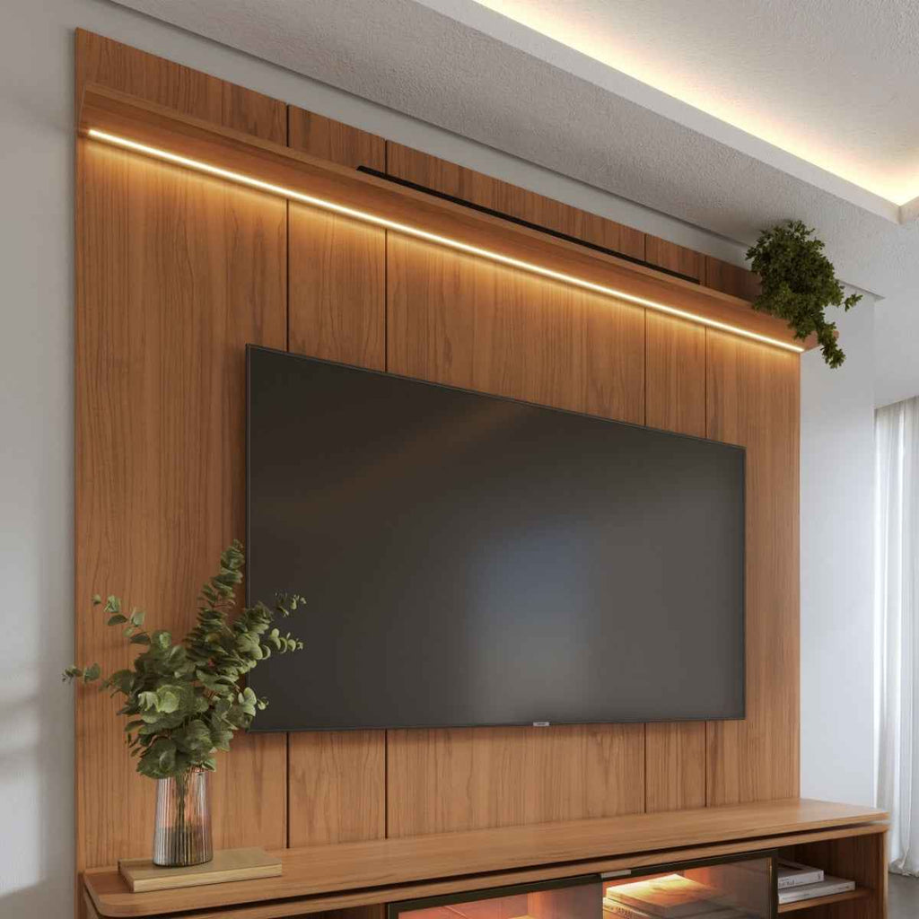 Rack com Painel para TV até 85 Polegadas Vidro Reflecta 100% MDF com Led Lincoln Float 215cm