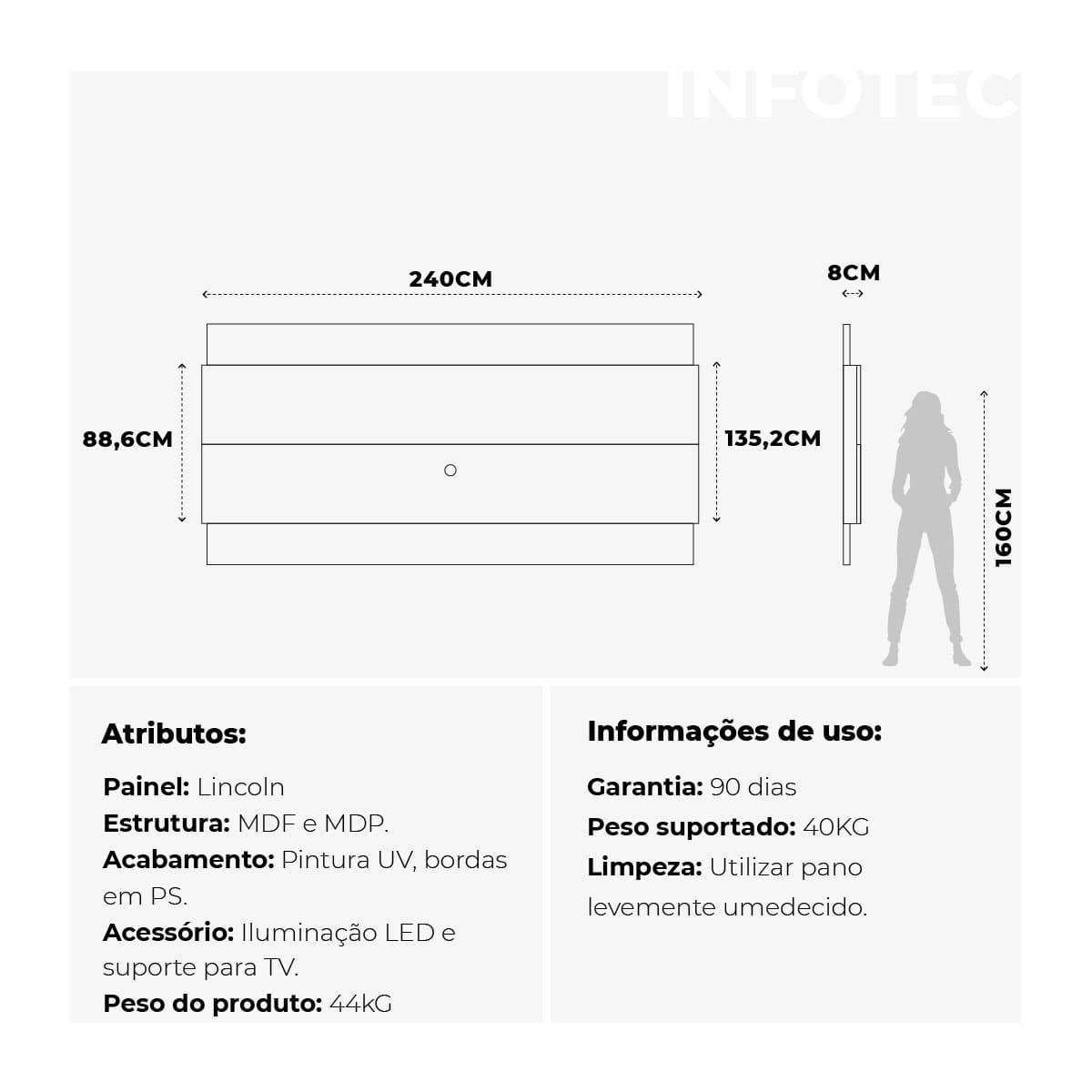 Painel para TVs até 75 Polegadas New Lincoln 240cm Freijó com Grigio Gloss