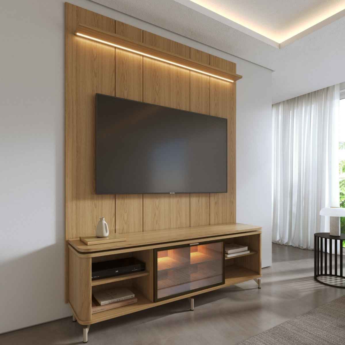 Rack com Painel para TV até 75 Polegadas Vidro Reflecta 100% MDF com Led Lincoln Float 178cm