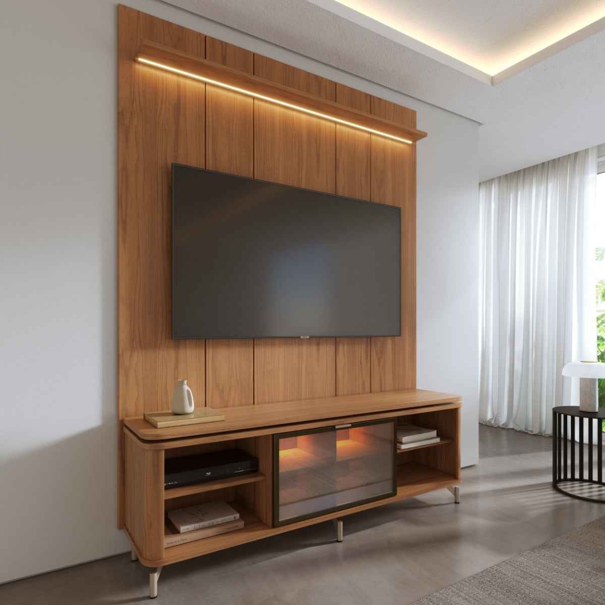 Rack com Painel para TV até 75 Polegadas Vidro Reflecta 100% MDF com Led Lincoln Float 178cm