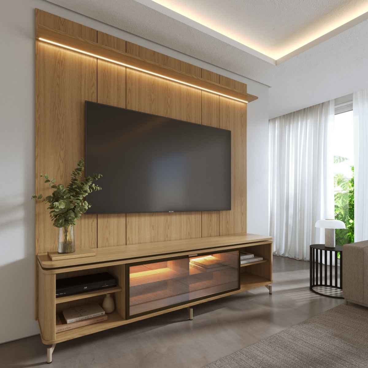 Rack com Painel para TV até 85 Polegadas Vidro Reflecta 100% MDF com Led Lincoln Float 215cm