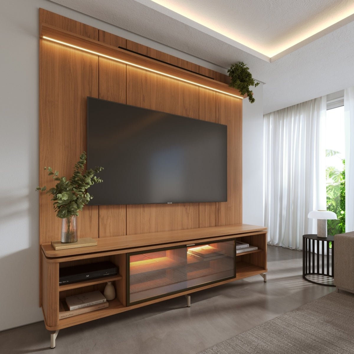 Rack com Painel para TV até 85 Polegadas Vidro Reflecta 100% MDF com Led Lincoln Float 215cm