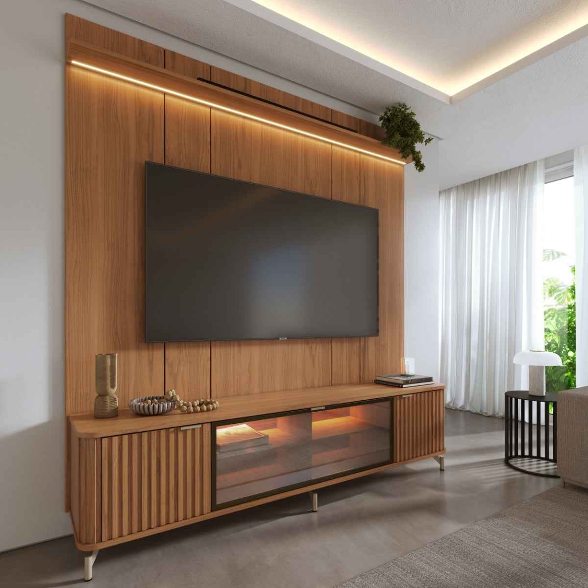 Rack com Painel para TV até 85 Polegadas Vidro Reflecta 100% MDF com Led Neon Float 215cm