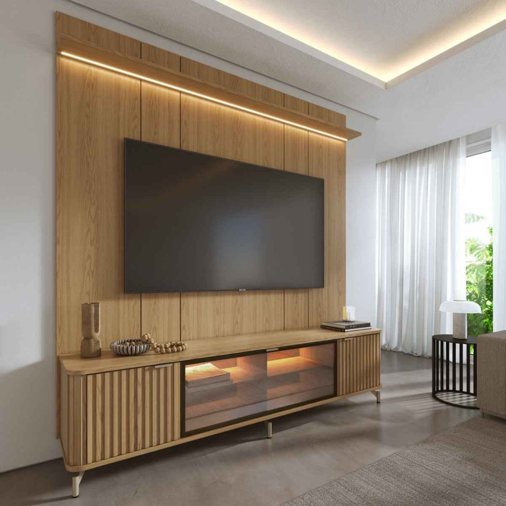 Rack com Painel para TV até 85 Polegadas Vidro Reflecta 100% MDF com Led Neon Float 215cm